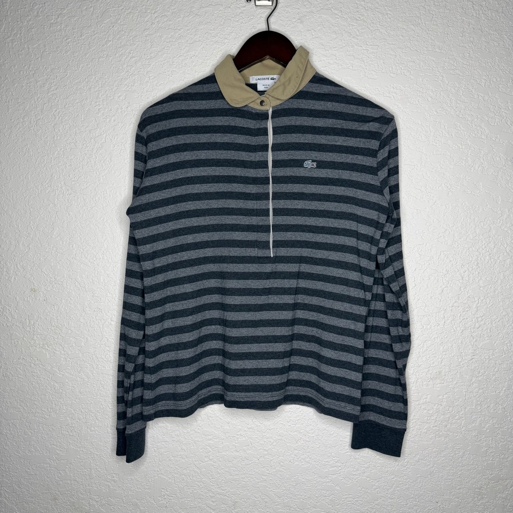 Lacoste Womens Rugby Polo Longsleeve Striped Grey Tan Collar Size 40